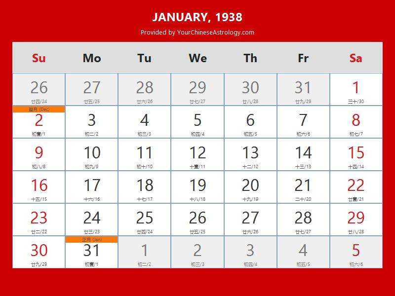 Chinese Calendar 1938, Year of The Tiger, 1938 Lunar Calendar