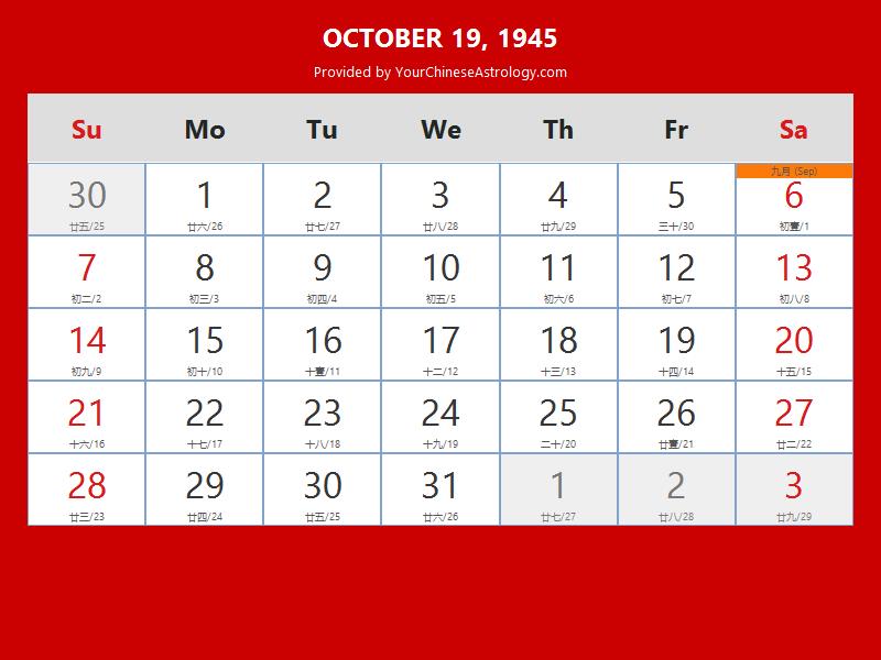 Chinese Calendar Oct 19 1945: Auspicious Things to Do and Hours Bazi