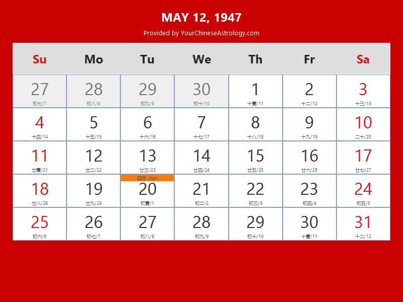 Chinese Calendar May 12 1947: Auspicious Things to Do and Hours Bazi Chinese Calendar May 12 1947: Auspicious Things to Do and Hours Bazi