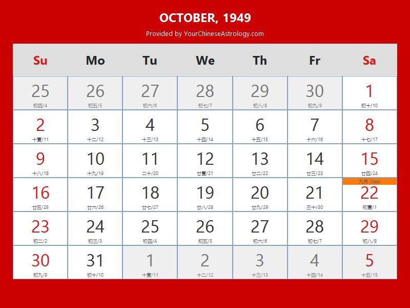 Chinese Calendar October 1949: Lunar Dates, Auspicious Dates and Times