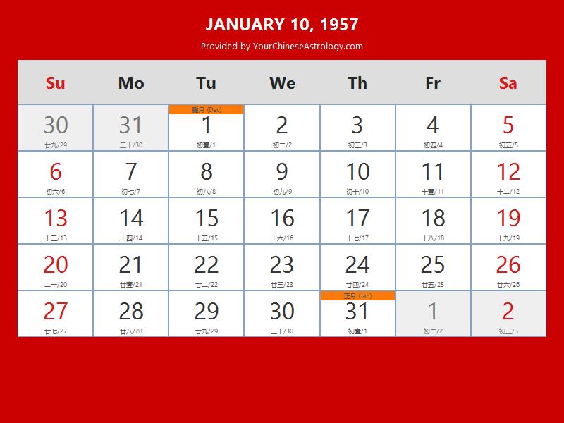 Chinese Calendar Jan 10 1957: Auspicious Things to Do and Hours Bazi Chinese Calendar Jan 10 1957: Auspicious Things to Do and Hours Bazi