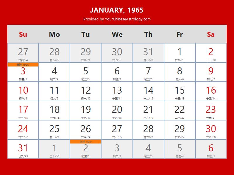 Chinese Calendar 1965, Year of The Snake, 1965 Lunar Calendar
