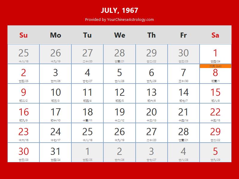 Chinese Calendar July 1967: Lunar Dates, Auspicious Dates and Times