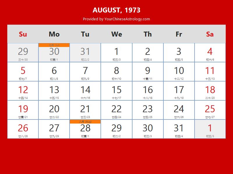 Chinese Calendar August 1973: Lunar Dates, Auspicious Dates and Times