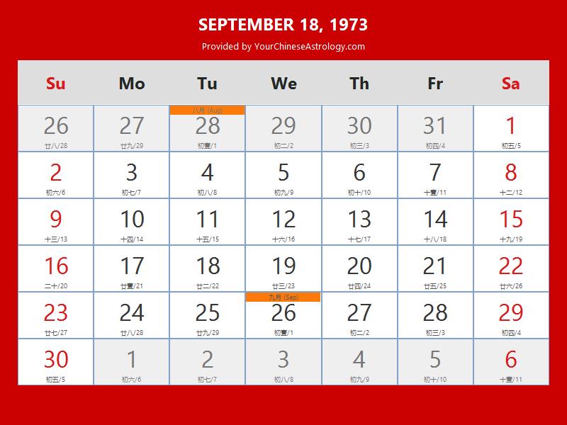 Chinese Calendar Sep 18, 1973: Auspicious Things to Do and Hours, Bazi