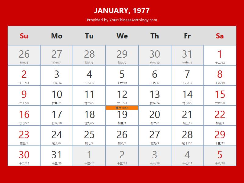 Chinese Calendar 1977, Year of The Snake, 1977 Lunar Calendar