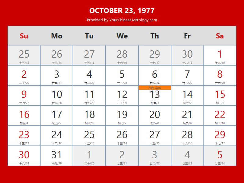 Chinese Calendar Oct 23 1977: Auspicious Things to Do and Hours Bazi Chinese Calendar Oct 23 1977: Auspicious Things to Do and Hours Bazi