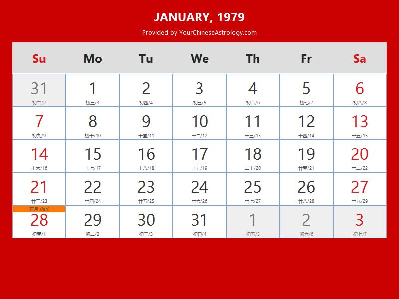 Chinese Calendar 1979, Year of The Sheep, 1979 Lunar Calendar