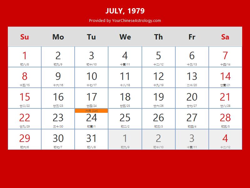Chinese Calendar July 1979: Lunar Dates, Auspicious Dates and Times