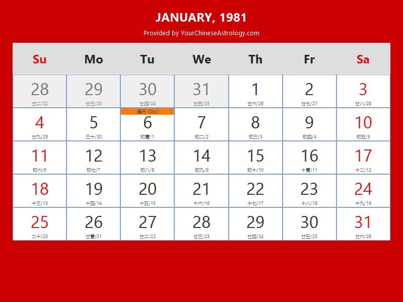Chinese Calendar 1981 Year of The Rooster 1981 Lunar Calendar Chinese Calendar 1981 Year of The Rooster 1981 Lunar Calendar