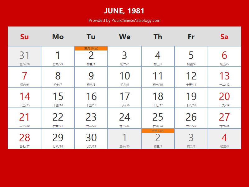 Chinese Calendar June 1981 Lunar Dates Auspicious Dates And Times
