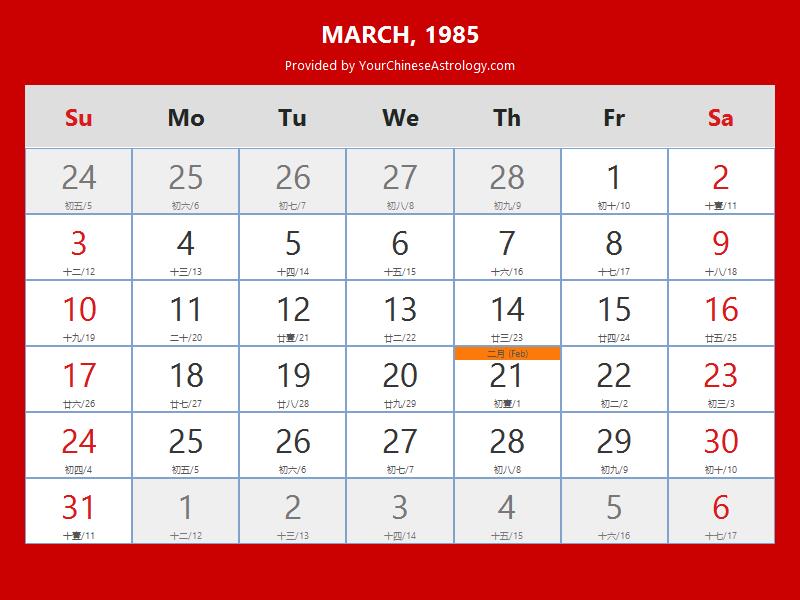 Chinese Calendar March 1985: Lunar Dates, Auspicious Dates and Times