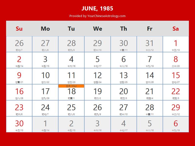 Chinese Calendar June 1985: Lunar Dates, Auspicious Dates and Times