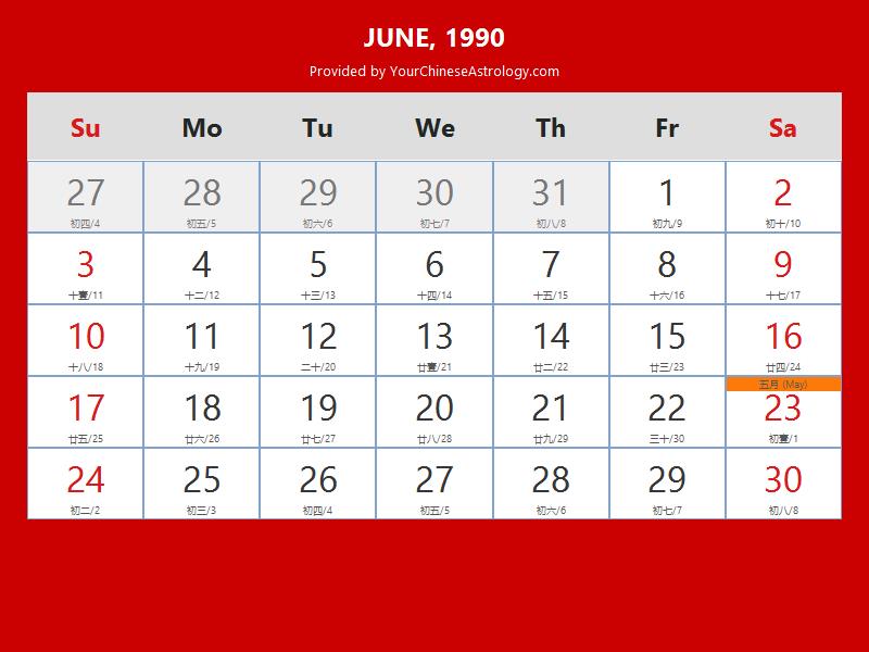 Chinese Calendar June 1990: Lunar Dates, Auspicious Dates and Times Chinese Calendar June 1990: Lunar Dates, Auspicious Dates and Times