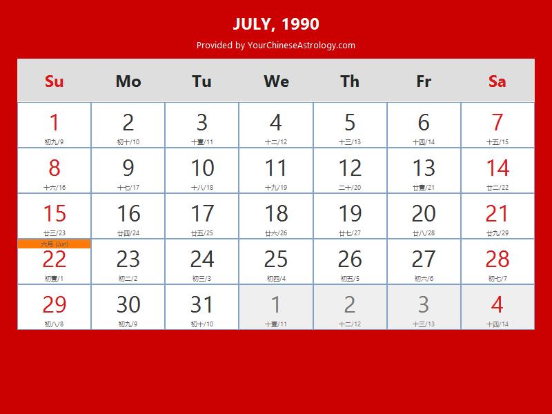 Chinese Calendar July 1990: Lunar Dates, Auspicious Dates and Times