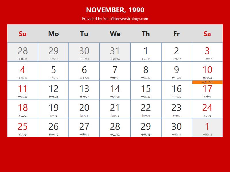 Chinese Calendar November 1990: Lunar Dates, Auspicious Dates and Times Chinese Calendar November 1990: Lunar Dates, Auspicious Dates and Times