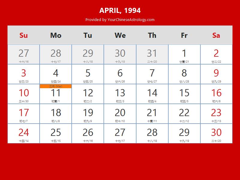 Chinese Calendar April 1994 Lunar Dates Auspicious Dates And Times