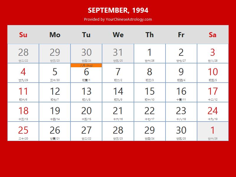 Chinese Calendar September 1994 Lunar Dates, Auspicious