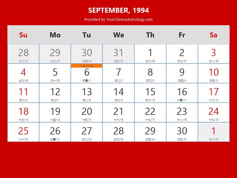 Chinese Calendar September 1994 Lunar Dates Auspicious Dates And Times