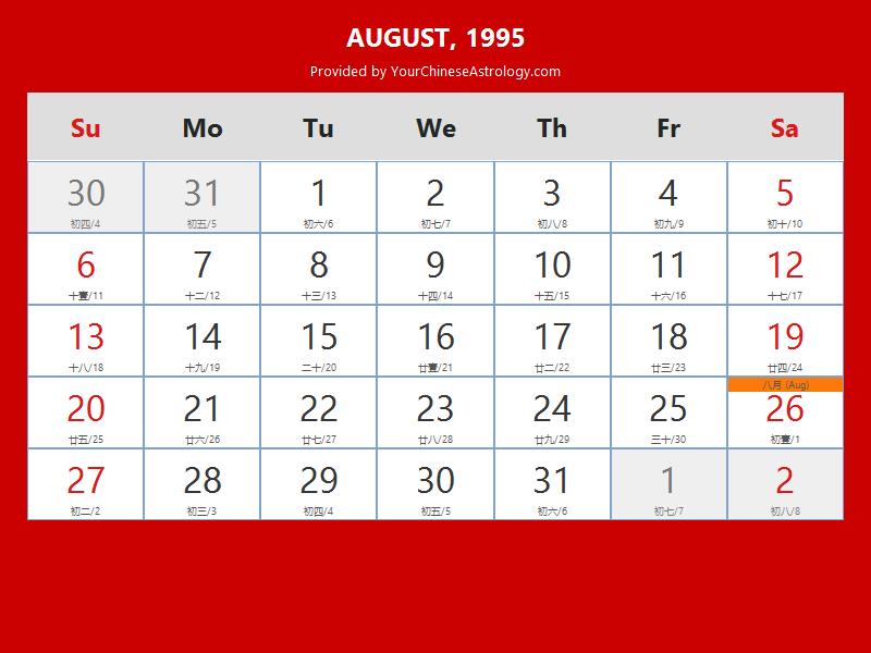 Chinese Calendar August 1995: Lunar Dates, Auspicious Dates and Times