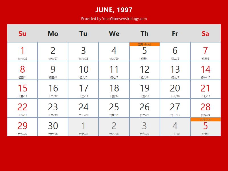 Chinese Calendar June 1997 Lunar Dates Auspicious Dates And Times