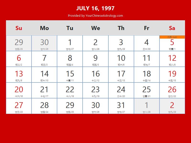 Chinese Calendar Jul 16, 1997: Auspicious Things to Do and Hours, Bazi