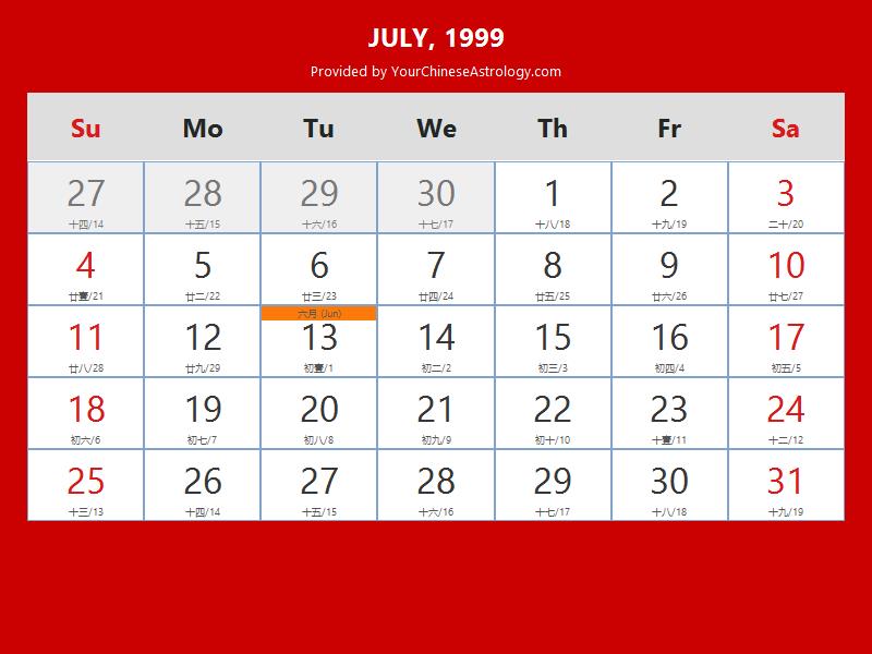 Chinese Calendar July 1999: Lunar Dates, Auspicious Dates and Times