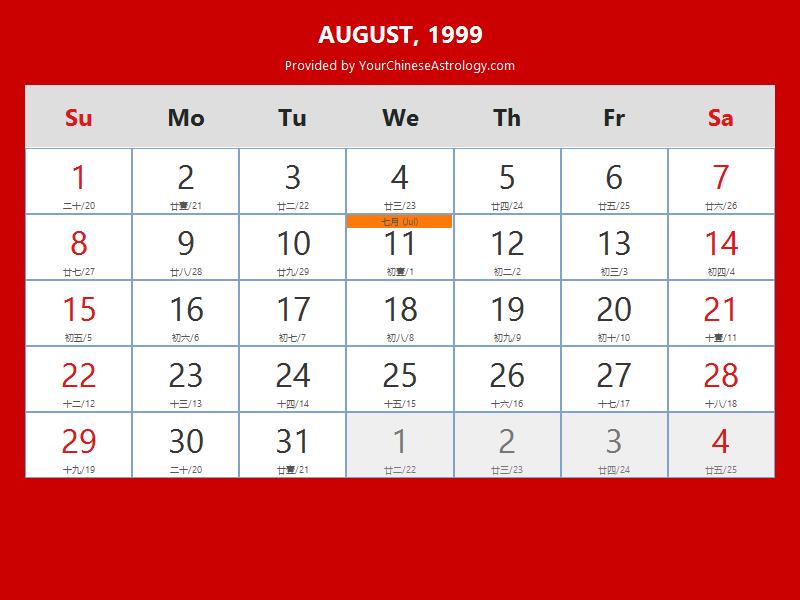 Chinese Calendar August 1999 Lunar Dates, Auspicious Dates and Times