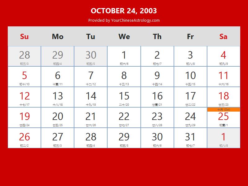 Chinese Calendar Oct 24, 2003: Auspicious Things to Do and Hours, Bazi