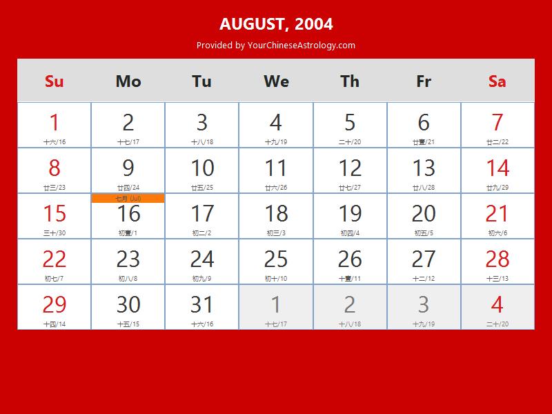 Chinese Calendar August 2004: Lunar Dates, Auspicious Dates and Times