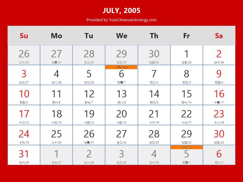 Chinese Calendar July 2005 Lunar Dates Auspicious Dates And Times