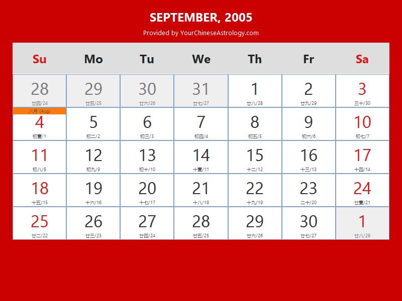 Chinese Calendar September 2005: Lunar Dates, Auspicious Dates and Times