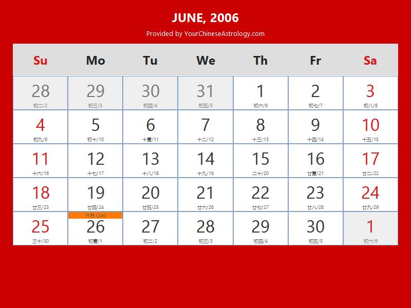 Chinese Calendar June 2006: Lunar Dates, Auspicious Dates and Times