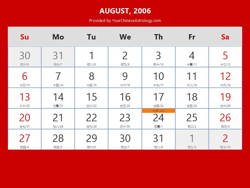 Chinese Calendar August 2006: Lunar Dates, Auspicious Dates and Times