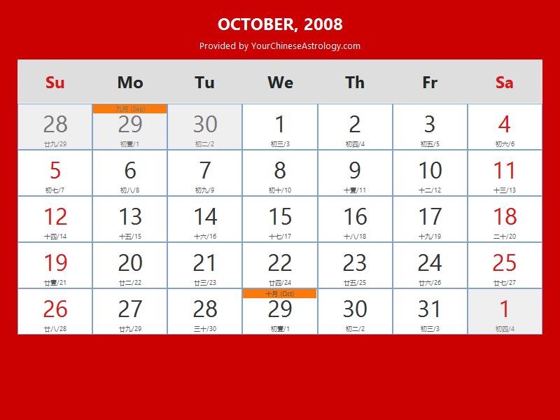 Chinese Calendar October 2008: Lunar Dates, Auspicious Dates and Times