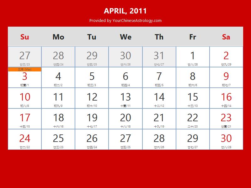 Chinese Calendar April 2011: Lunar Dates Auspicious Dates and Times