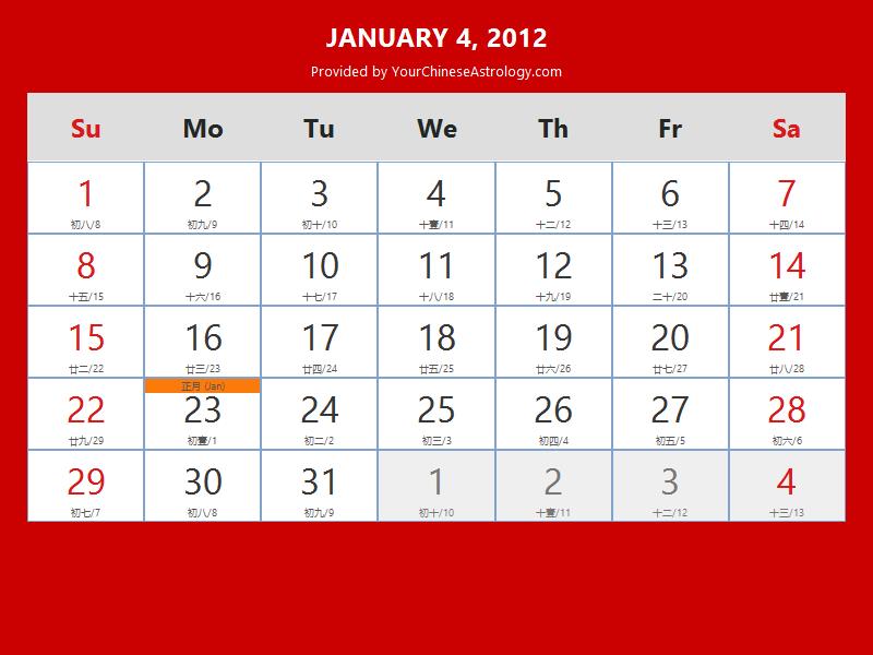 Chinese Calendar Jan 04 2012: Auspicious Things to Do and Hours Bazi
