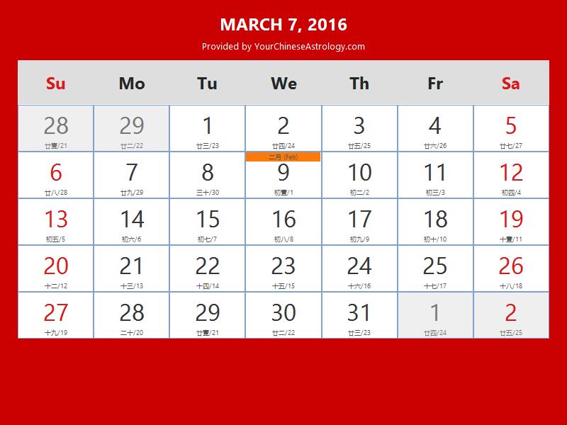 Chinese Calendar Mar 07, 2016: Auspicious Things to Do and Hours, Bazi