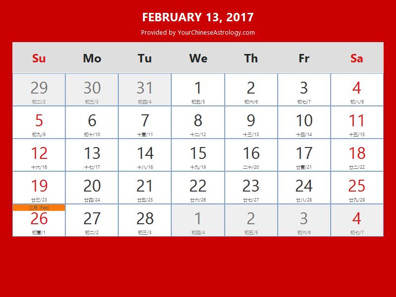 Chinese Calendar Feb 13 2017: Auspicious Things to Do and Hours Bazi