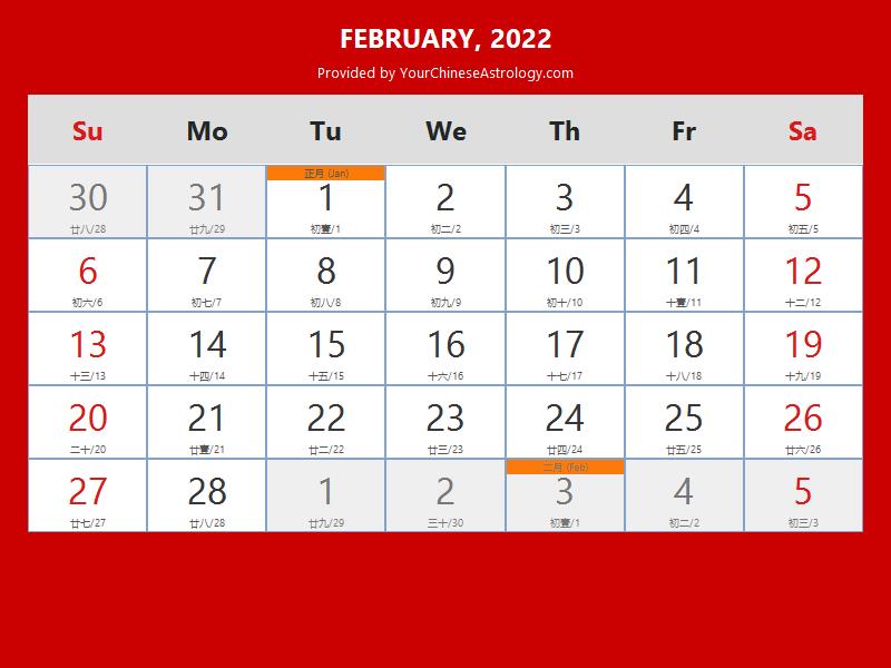 Calendar 2022 chinese Year of