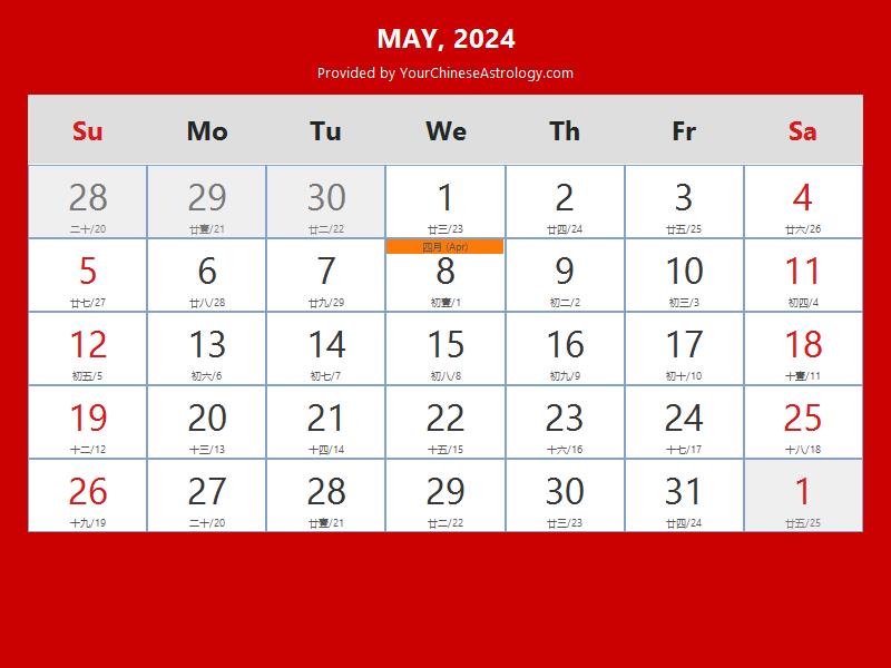 Chinese Calendar May 2024: Lunar Dates, Auspicious Dates and Times
