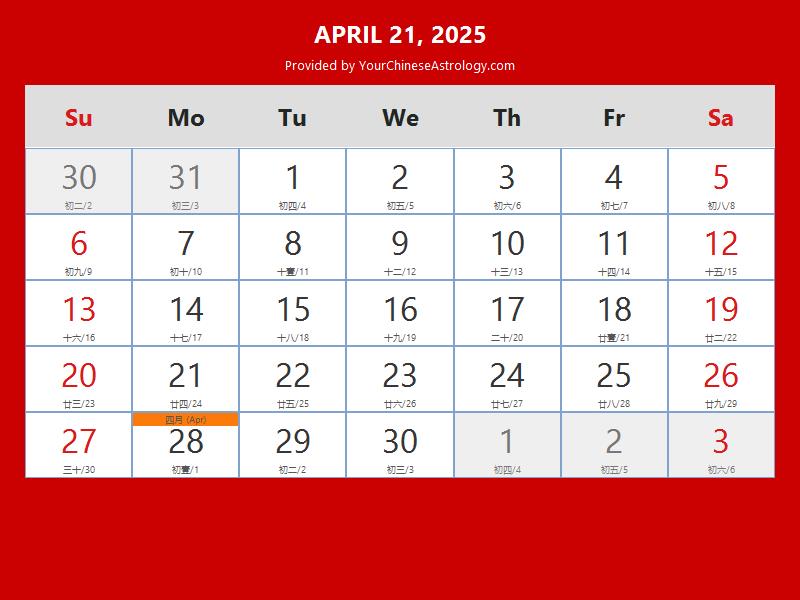 Chinese Calendar Apr 21, 2025 Auspicious Things to Do and Hours, Bazi