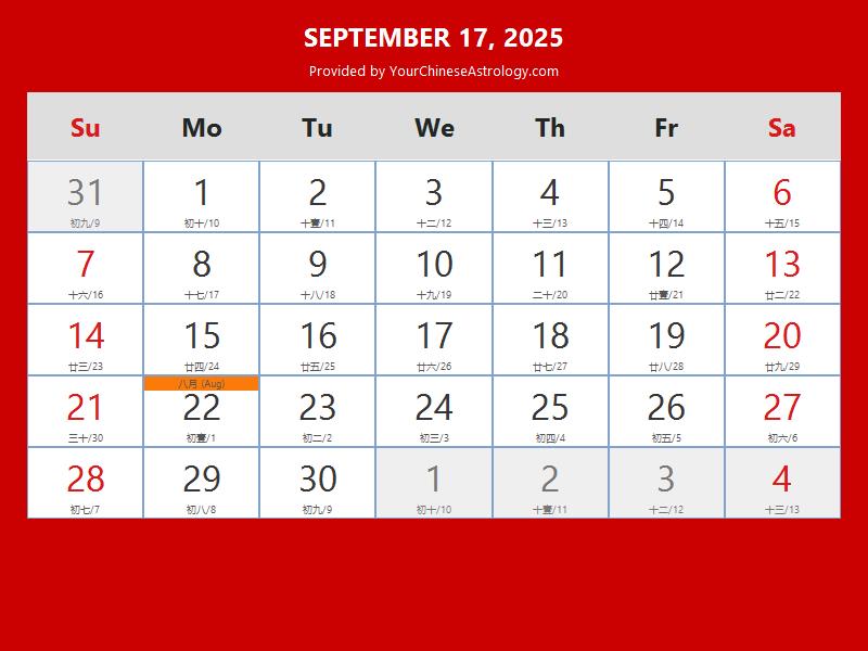 Chinese Calendar Sep 17, 2025 Auspicious Things to Do and Hours, Bazi