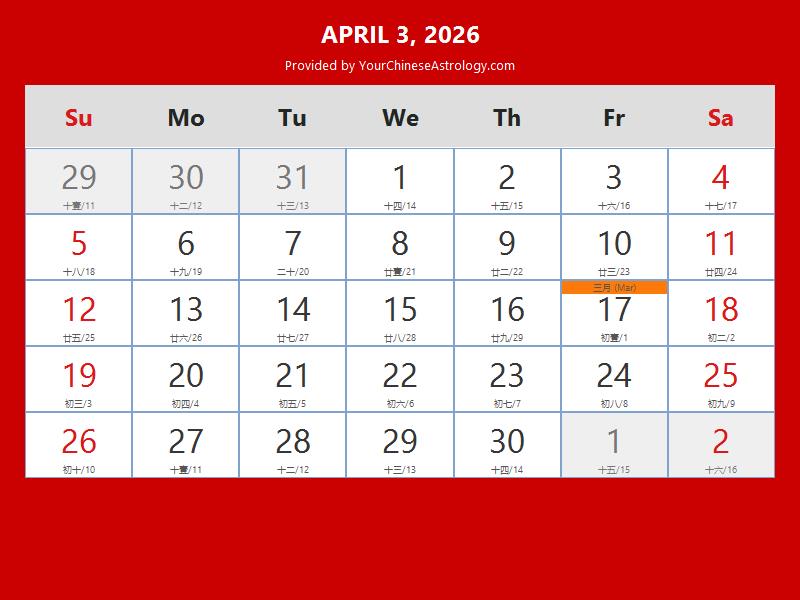  Foto zu Chinese Calendar Apr 03, 2026: Auspicious Things to Do and Hours, Bazi 