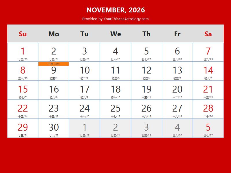 Chinese Calendar November 2026 Lunar Dates, Auspicious Dates and Times