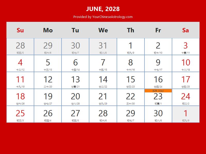 Chinese Calendar June 2028 Lunar Dates, Auspicious Dates and Times