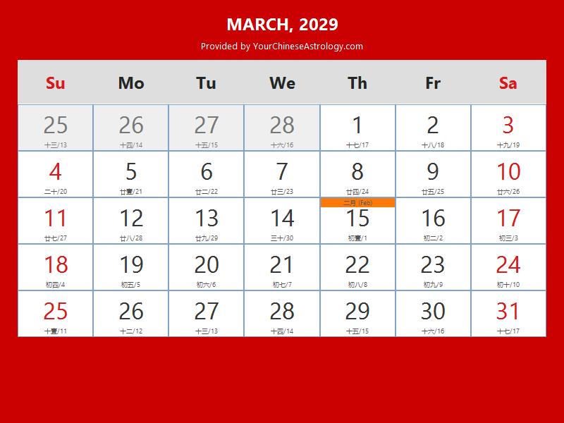 Chinese Calendar March 2029: Lunar Dates, Auspicious Dates and Times