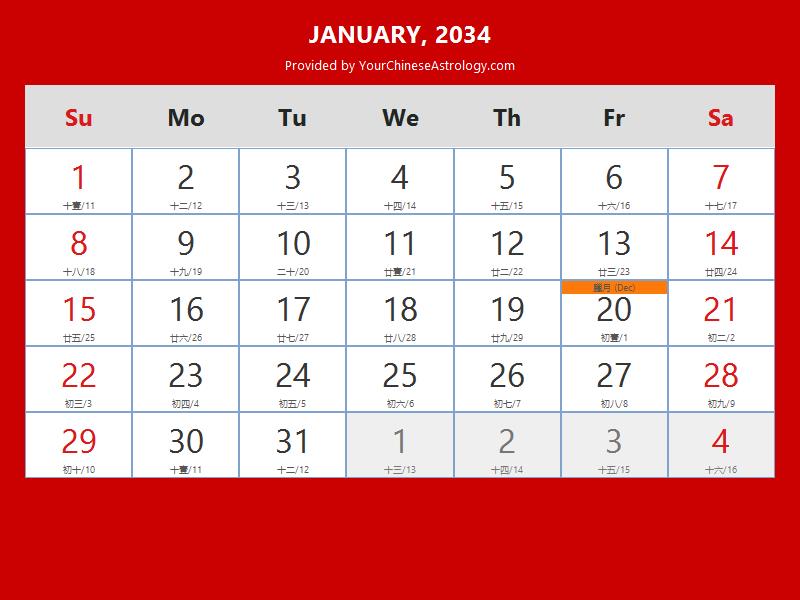 Chinese Calendar 2034, Year of The Tiger, 2034 Lunar Calendar