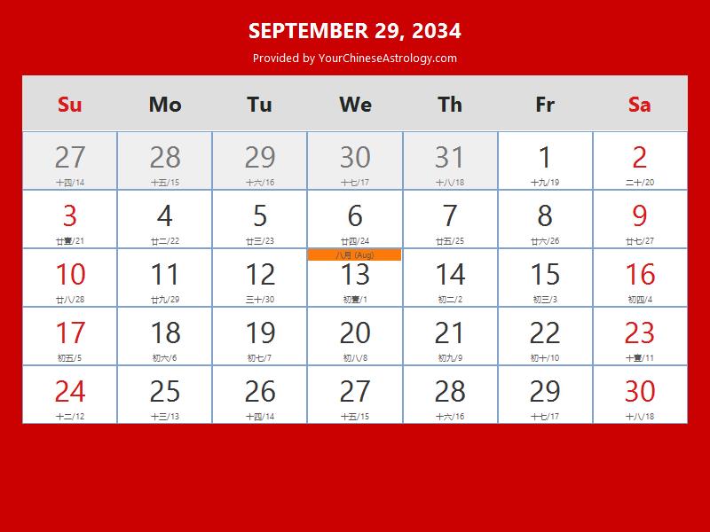 Chinese Calendar Sep 29, 2034: Auspicious Things to Do and Hours, Bazi