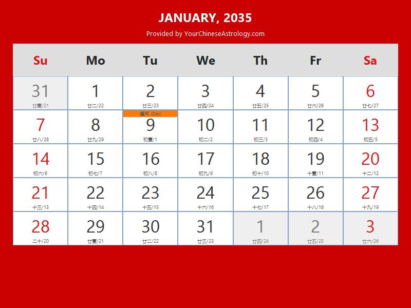 Chinese Calendar 2035, Year of The Rabbit, 2035 Lunar Calendar
